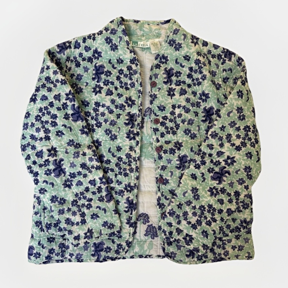 Vintage La Cera Quilted Floral Pattern Jacket‎ Teal & Blue 100% Cotton Size M
